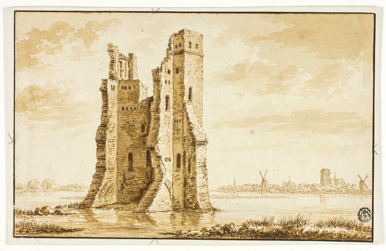 Ruínas da Mansão Merwede vistas de frente com Dordrecht ao fundo de Abraham Rademaker