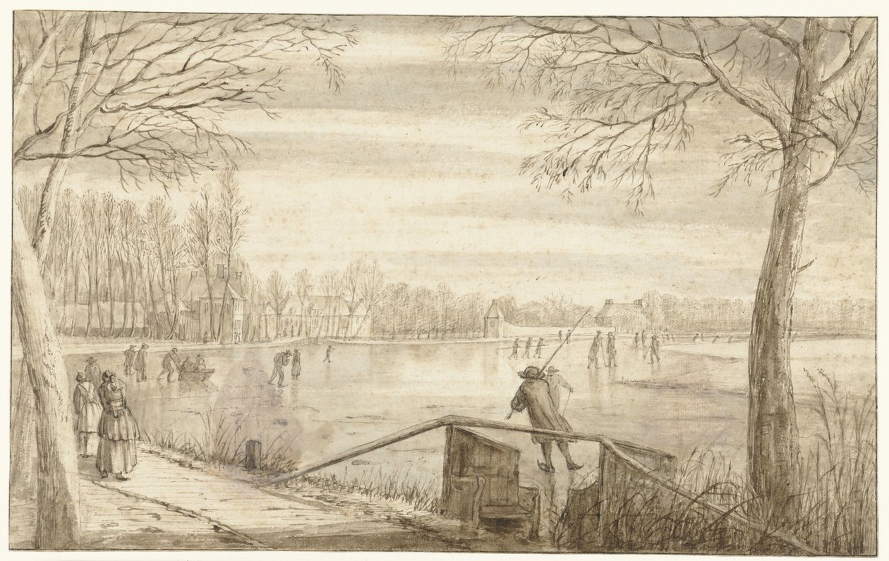 Patinadores no rio Vecht, perto de Maarssen, com as propriedades de Daelwijck e Vechthoven na Distância de Abraham Rutgers