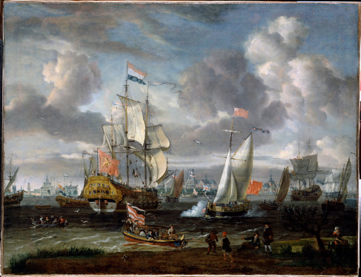 Um iate inglês a saudar um navio de guerra holandês no porto de Roterdão  de Abraham Storck