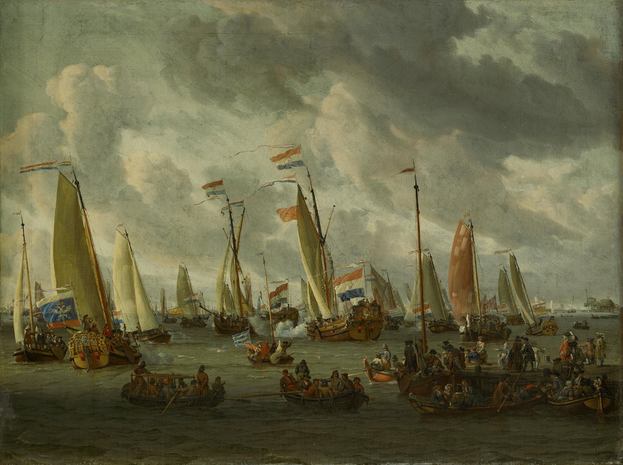 A batalha naval simulada no IJ em honra da embaixada de Moscovo (1 de setembro de 1697) de Abraham Storck