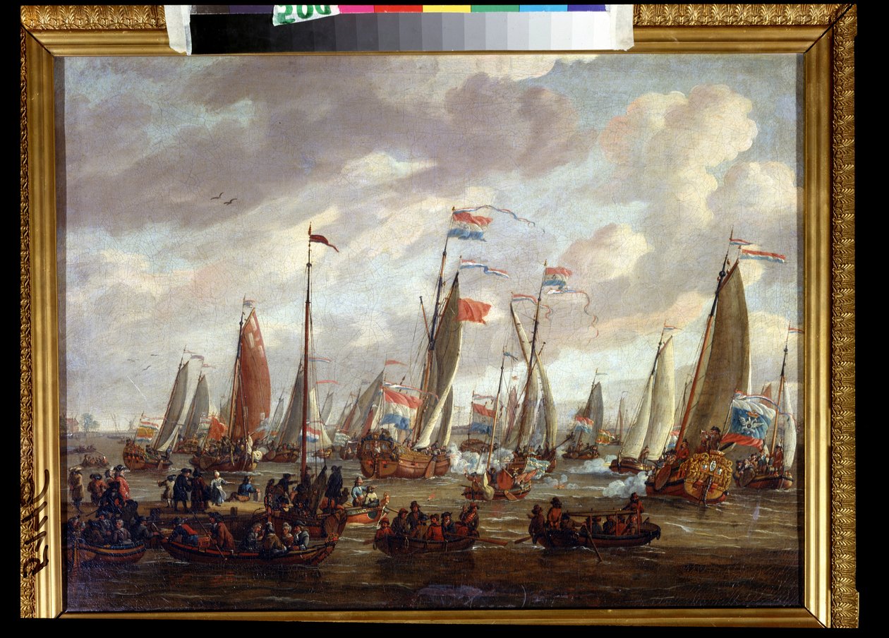 O czar Pedro I visitando a Inglaterra em janeiro de 1698 (o czar Pedro I visitando a Inglaterra em janeiro de 1698). Pedro I da Rússia, Piotr Alekseevich Romanov ou Pedro, o Grande (1672-1725). Pintura de Abraham Storck (1635-1710). Óleo sobre tela, 48 x 6 de Abraham Storck