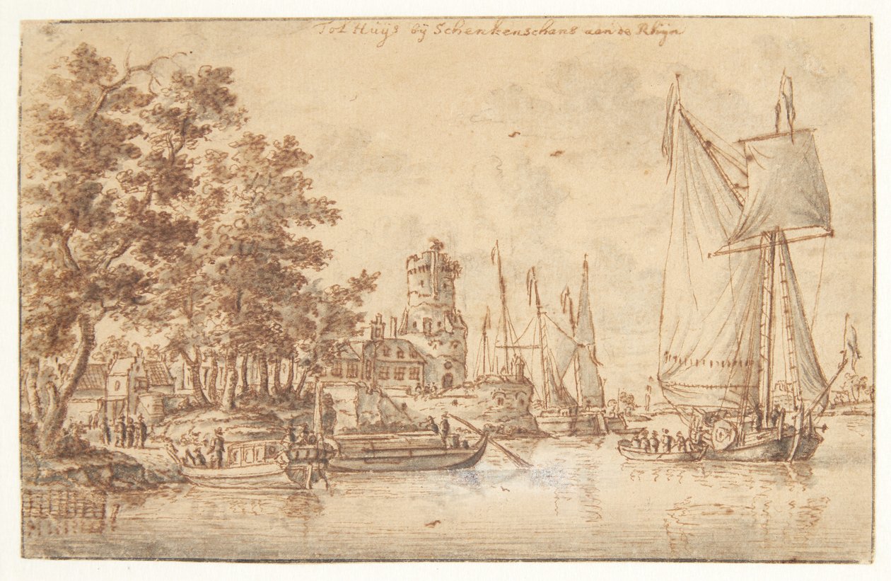 Paisagem do Reno com castelo e navios de Abraham Storck