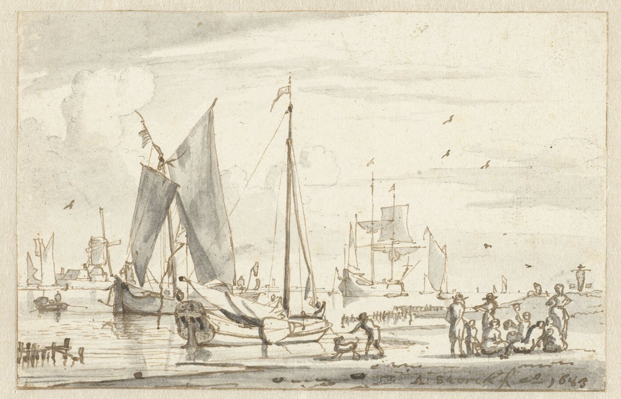 Riverbank com alguns navios de Abraham Storck
