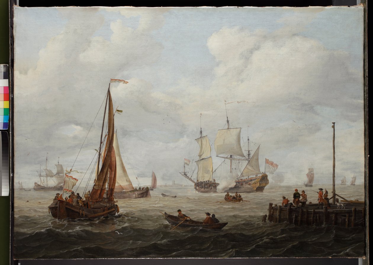 Peça do mar com um homem de guerra holandês, antes de 1708 de Abraham Storck