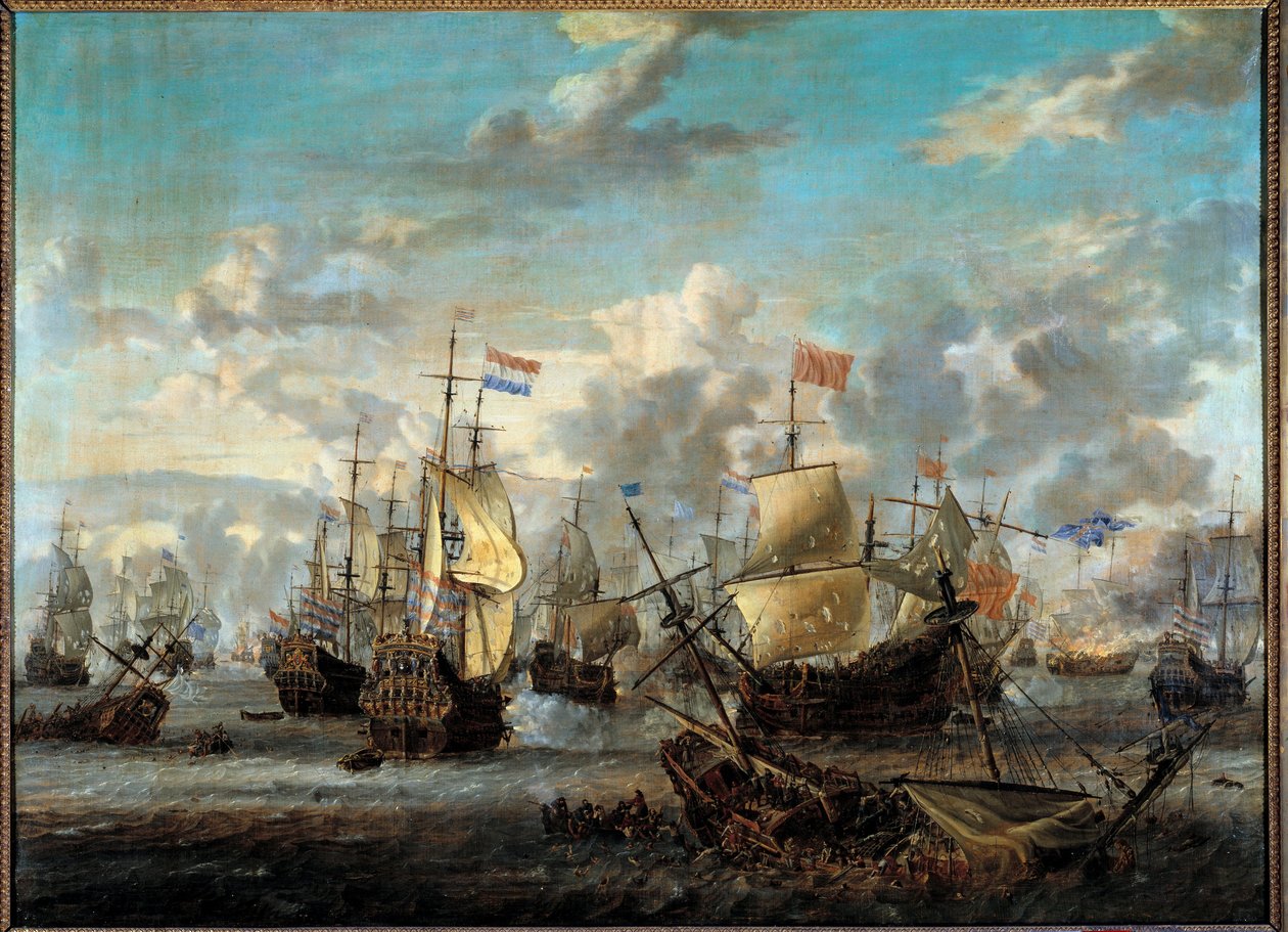 Segunda Guerra Anglo-Neerlandesa: "A Batalha dos Quatro Dias de 11 a 14/06/1666" Ela opôs-se às frotas holandesas e aos ingleses. Pintura de Abraham Storck (1635-1710) (ec.hol.) Paris do século XVII, Musee de la Marine de Abraham Storck