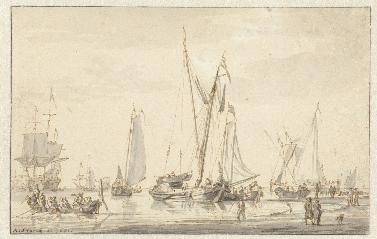 Vista da praia com navios ancorados de Abraham Storck