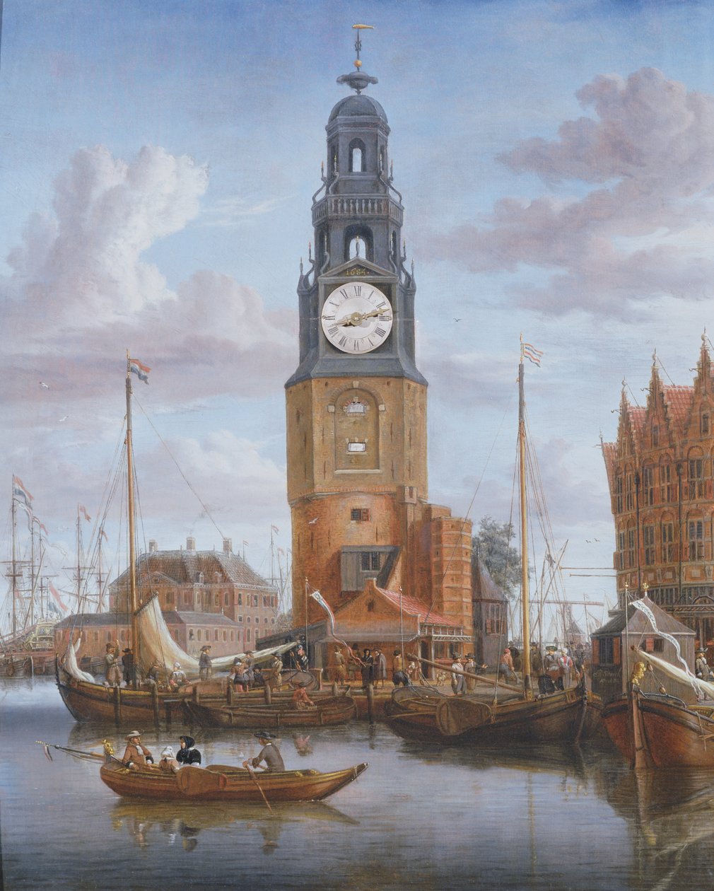 Vista da torre Haringspacker em Amsterdã, com um mostrador de relógio funcionando na pintura, 1684 (painel) de Abraham Storck
