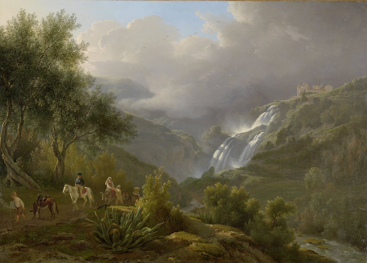 As Cascatas no Tivoli, com uma aproximação da tempestade, 1824 de Abraham Teerlink
