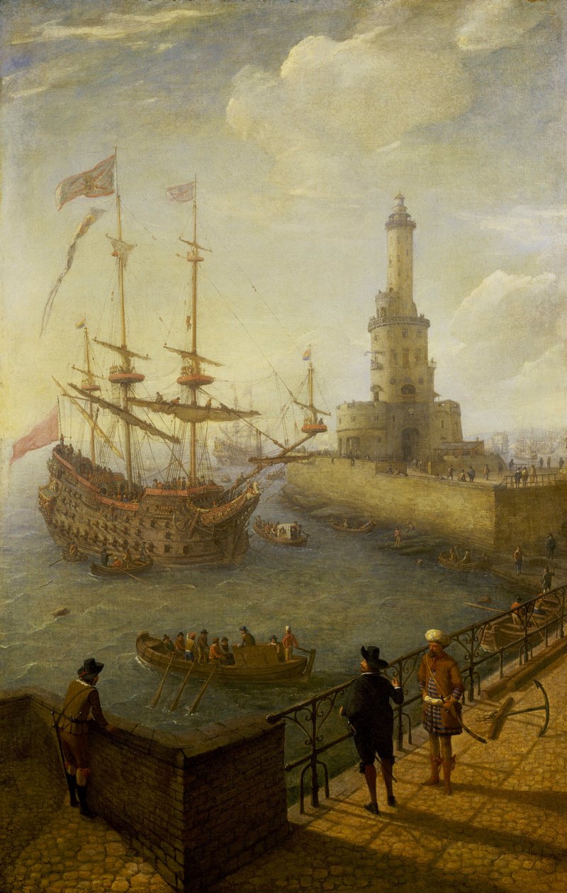 Um navio espanhol de três mastros ancorado ao largo da costa de Nápoles (Itália), visto de um cais pavimentado da cidade, em direção ao farol e aos edifícios do porto mediterrânico de Abraham Willaerts
