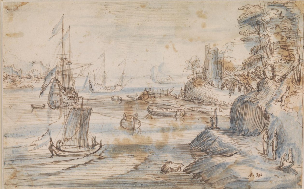 Paisagem costeira com vários navios, uma costa alta com várias figuras de Abraham Willaerts