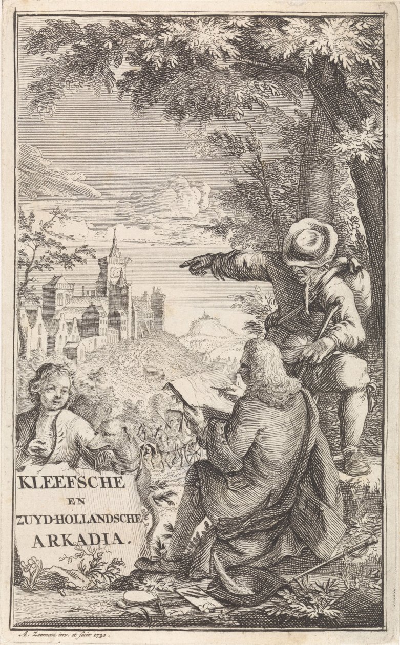 Viajante desenha a cidade de Kleve Página de rosto para: C. Bruin, Kleefsche e Zuid-Hollandsche Arkadia (...), 1730 de Abraham Zeeman