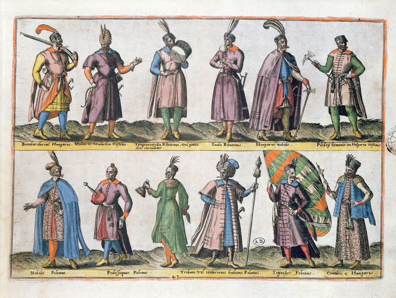 Roupa militar húngara e polonesa durante o século XVI, de "Figurinos de diferentes nações da Europa, Ásia, África e América", publicada em Antuérpia em 1581 de Abraham de Bruyn