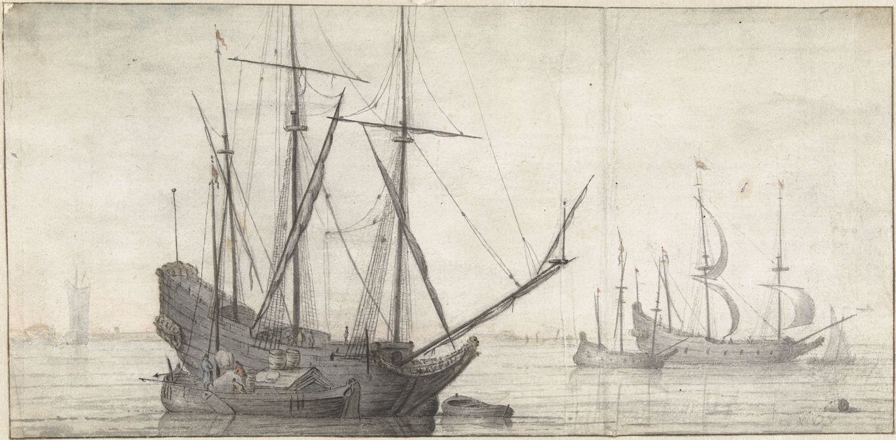 Navios à vela em águas paradas perto da costa de Abraham de Verwer (possibly)