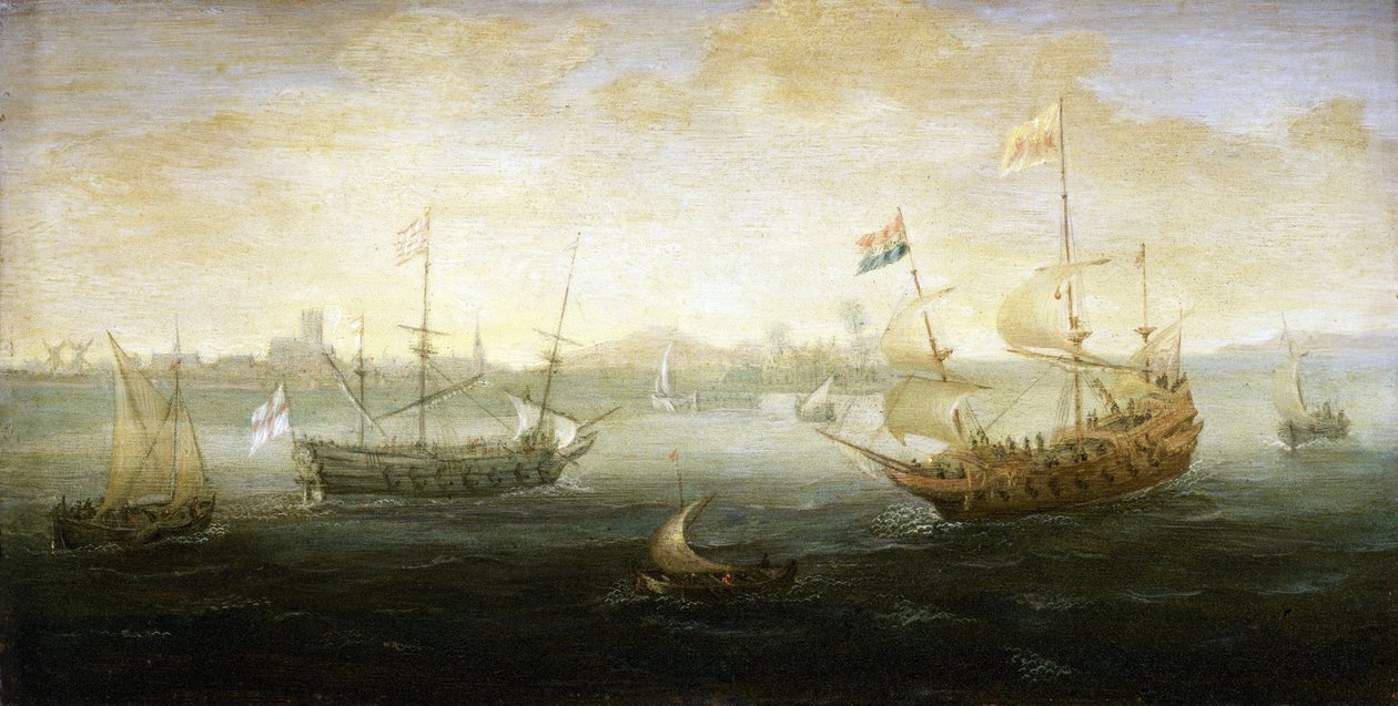 Um barco holandês e um barco britânico, arvorando a bandeira Stuart, navegam ao largo de um porto, visível no horizonte, rodeados por vários pequenos barcos de Abraham de Verwer