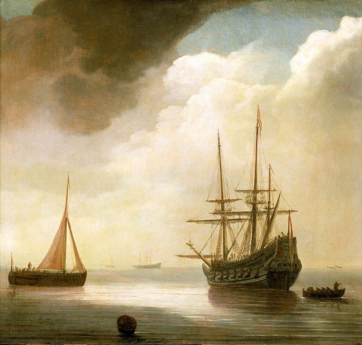 Navio holandês em mar calmo. À sua esquerda, um barco de pesca em atividade, à sua direita, um barco ancorado. Óleo sobre madeira de Abraham de Verwer (cerca de 1585-1650). de Abraham de Verwer