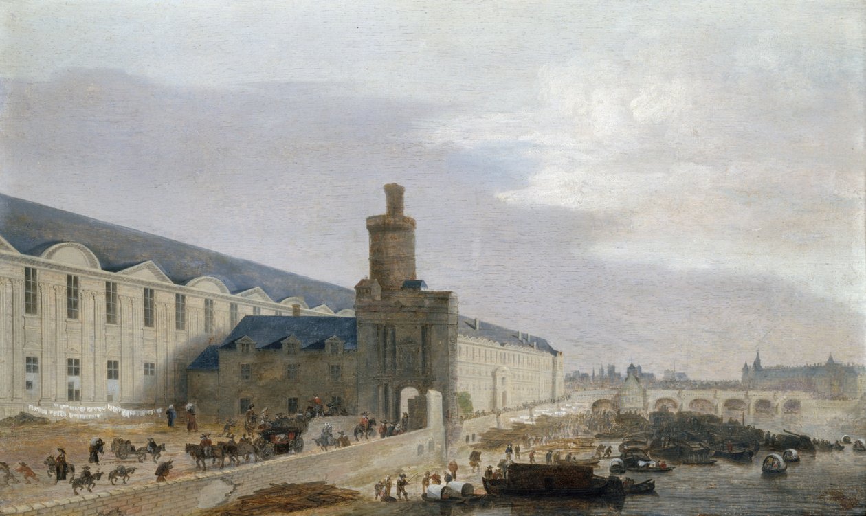 Francês: La Grande Galerie du Louvre avec la porte Neuve et la tour de Bois Vista de Paris com a Grande Galeria do Louvre, a Tour de Bois e a Pont Neuf de Abraham de Verwer