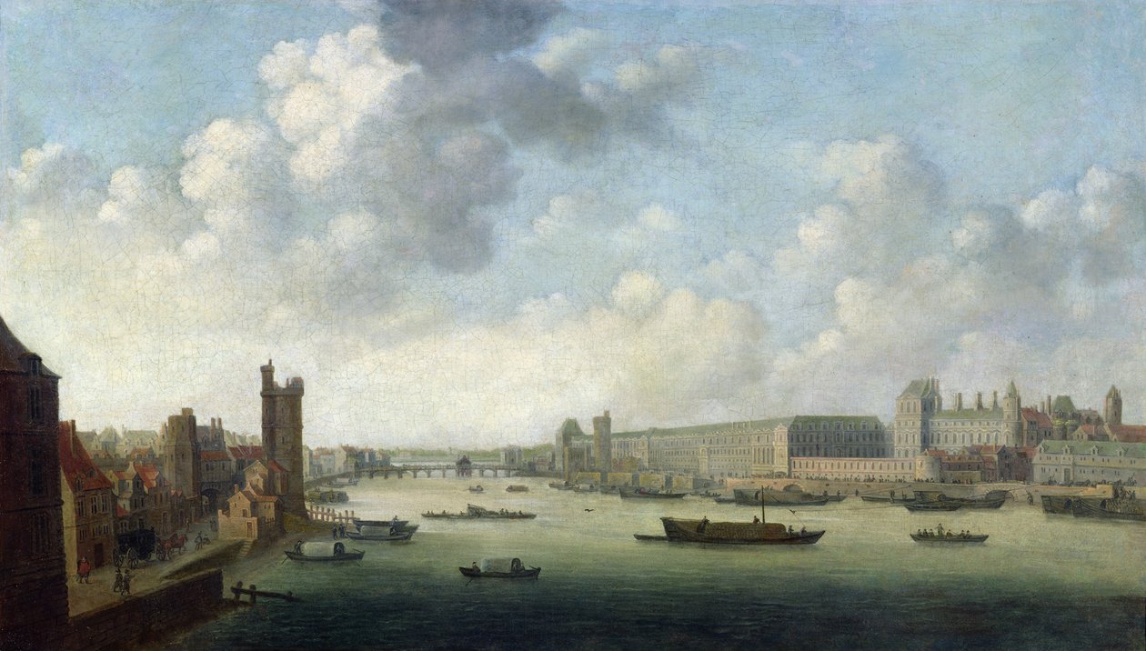 Perspectiva Vista de Paris vista em perspectiva de Paris a partir da Ponte Barber a jusante, representando o Hôtel Bourbon, a Grande Galerie do Louvre, c.1640 de Abraham de Verwer