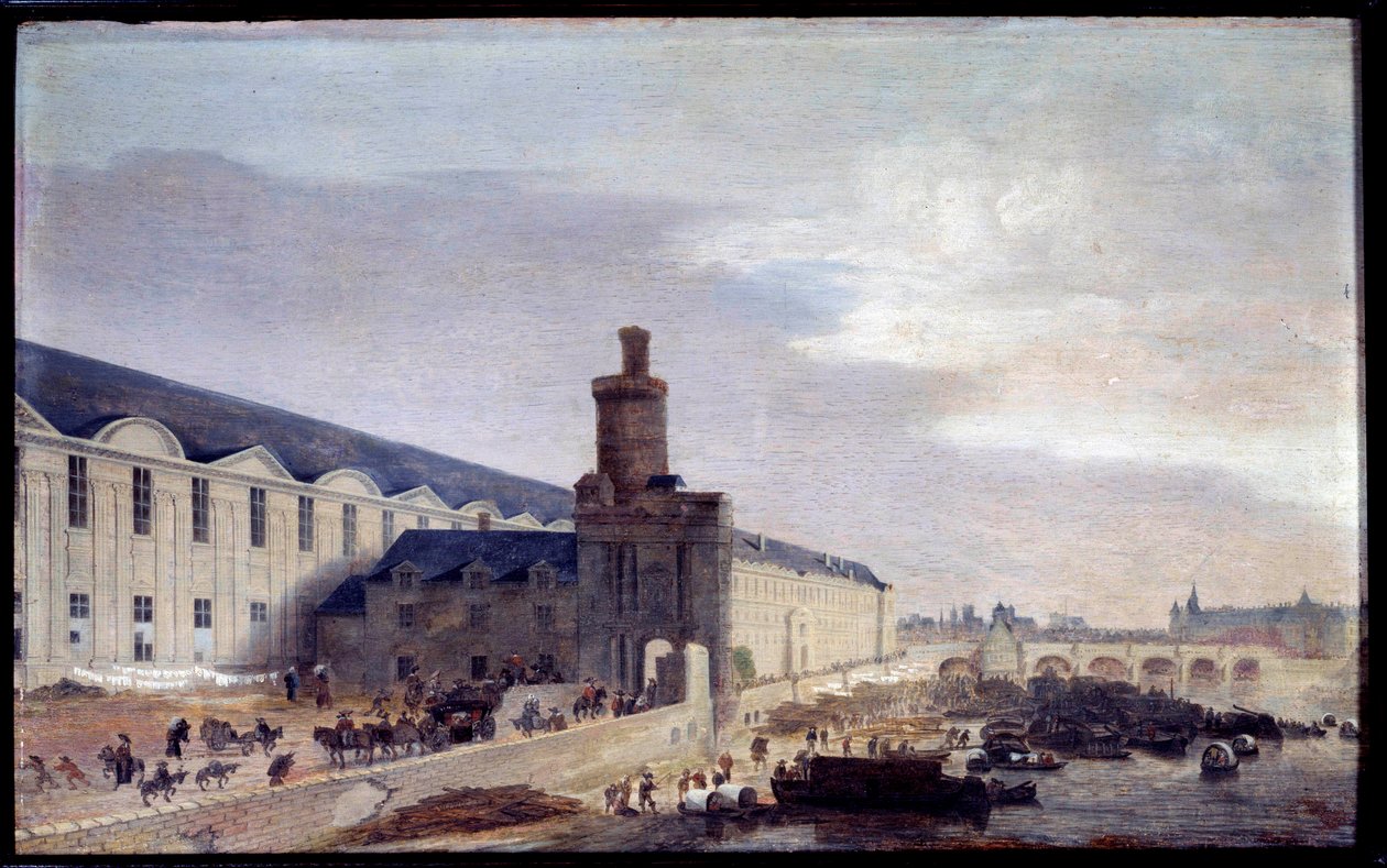 Vista da Porte Neuve e da Galerie du Louvre por volta de 1640 Entrée du Louvre nas margens do Sena. Pintura de Abraham de Verwer (1600-1650) 1640 Dim. 0,37 x 0,59 m Paris, Musee Carnavalet de Abraham de Verwer