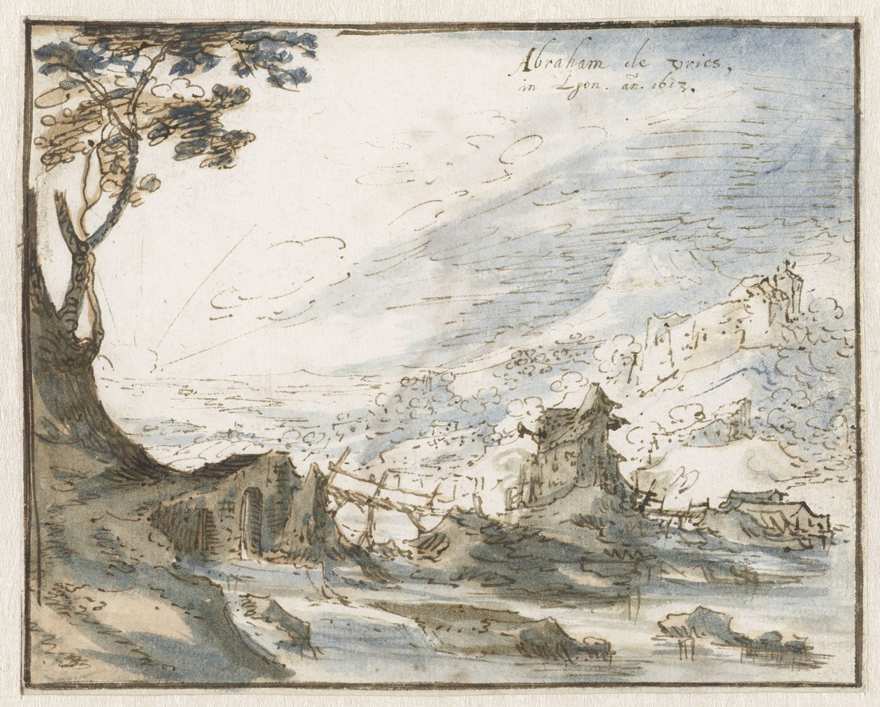 Paisagem montanhosa com uma ponte de madeira de Abraham de Vries