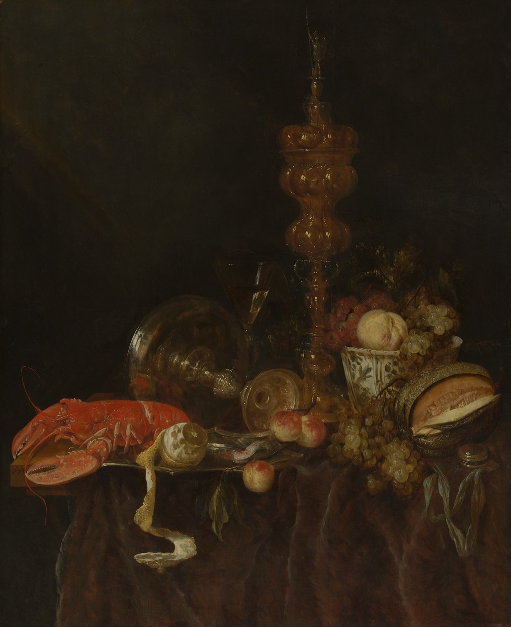 Natureza morta com lagosta e frutas, provavelmente no início da década de 1650. de Abraham van Beyeren