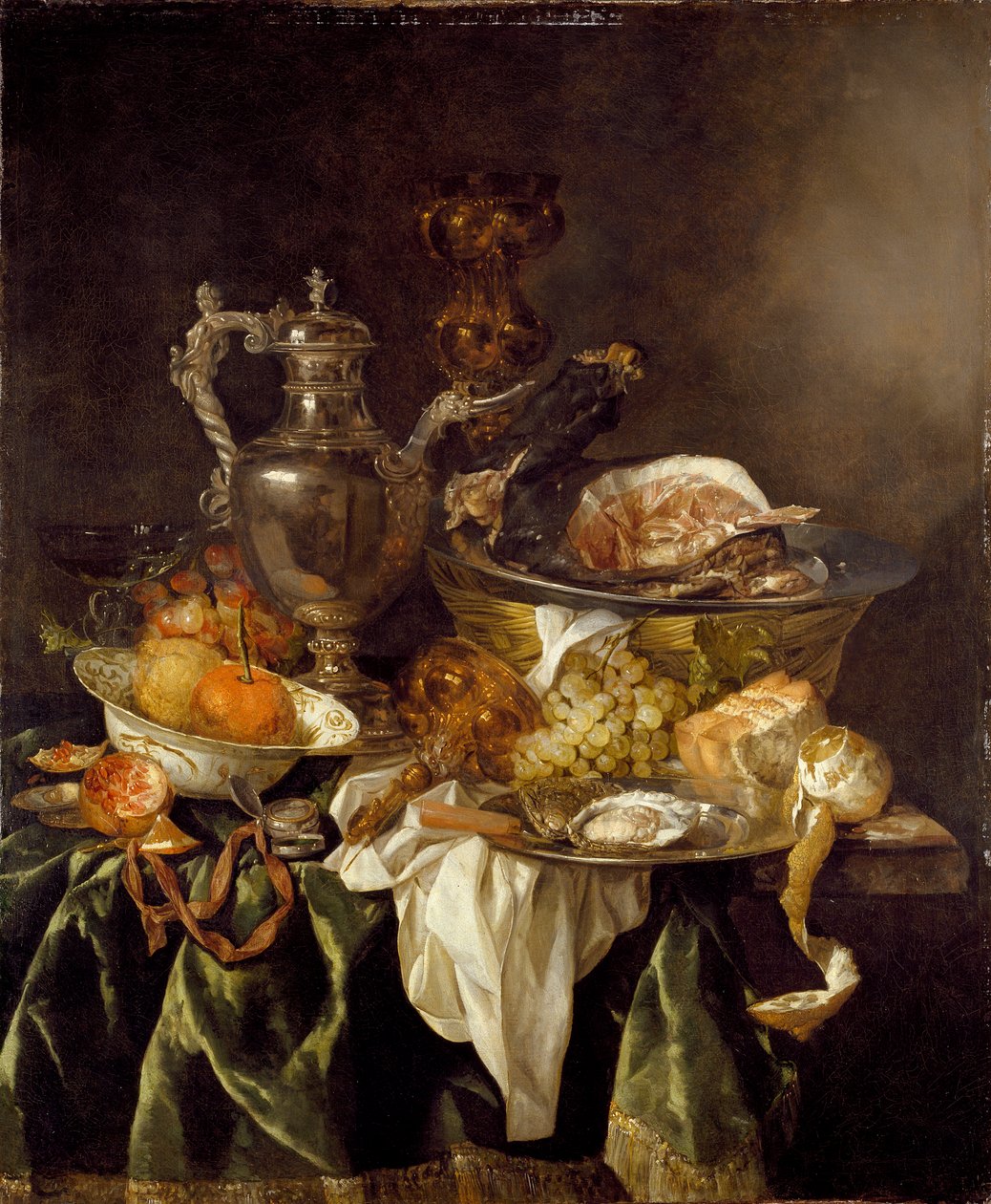 Natureza morta com uma jarra de vinho de prata e um retrato refletido do artista, c1657 de Abraham van Beyeren