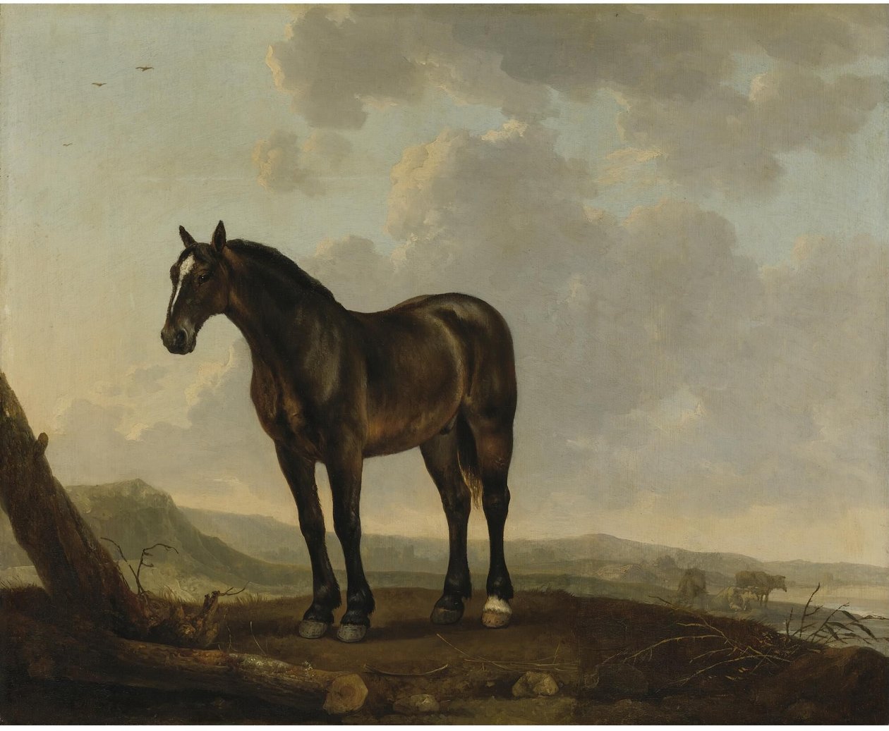 Retrato de um cavalo castanho numa paisagem de Abraham van Calraet