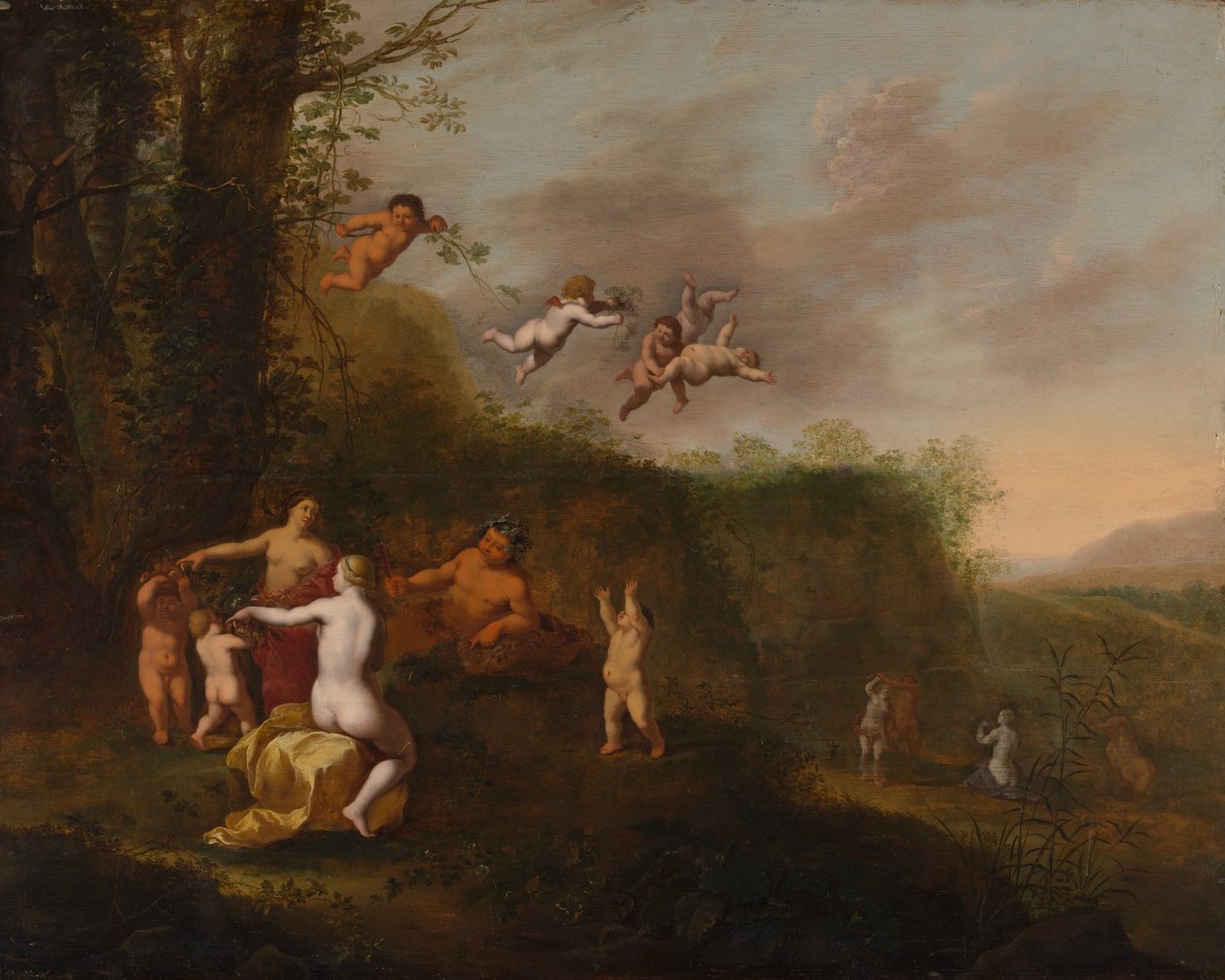 Baco e Ninfas em uma Paisagem, provavelmente na década de 1640. de Abraham van Cuylenborch