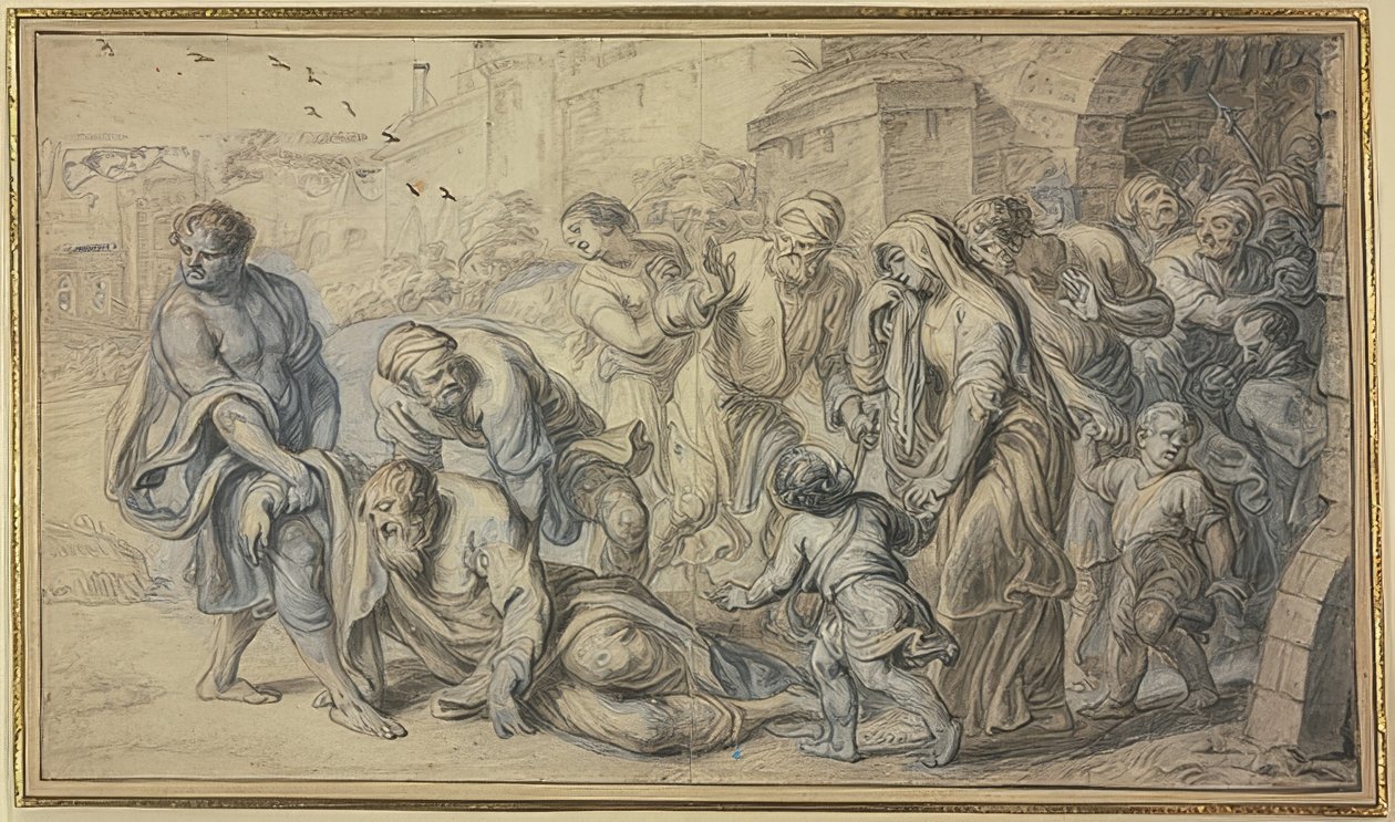 Velho é levantado do chão em frente às muralhas de uma cidade por residentes de Abraham van Diepenbeeck
