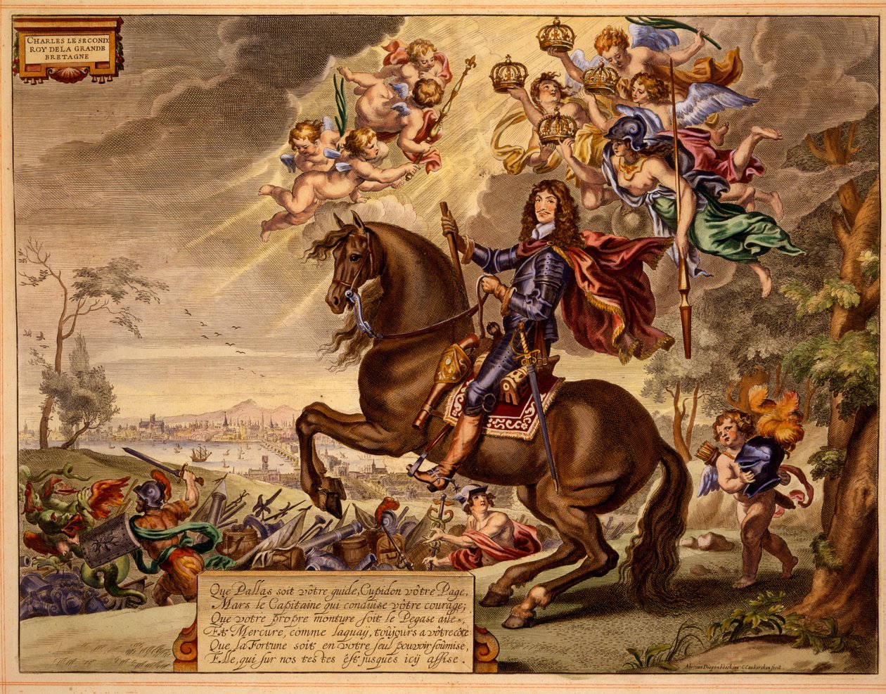 Charles II com uma dedicação em francês, com a Old London Bridge ao fundo, de The Method e New Invention of Dressing Horses por William Cavendish, publicado em 1737 (2nd edn) (aquatint) de Abraham van Diepenbeeck