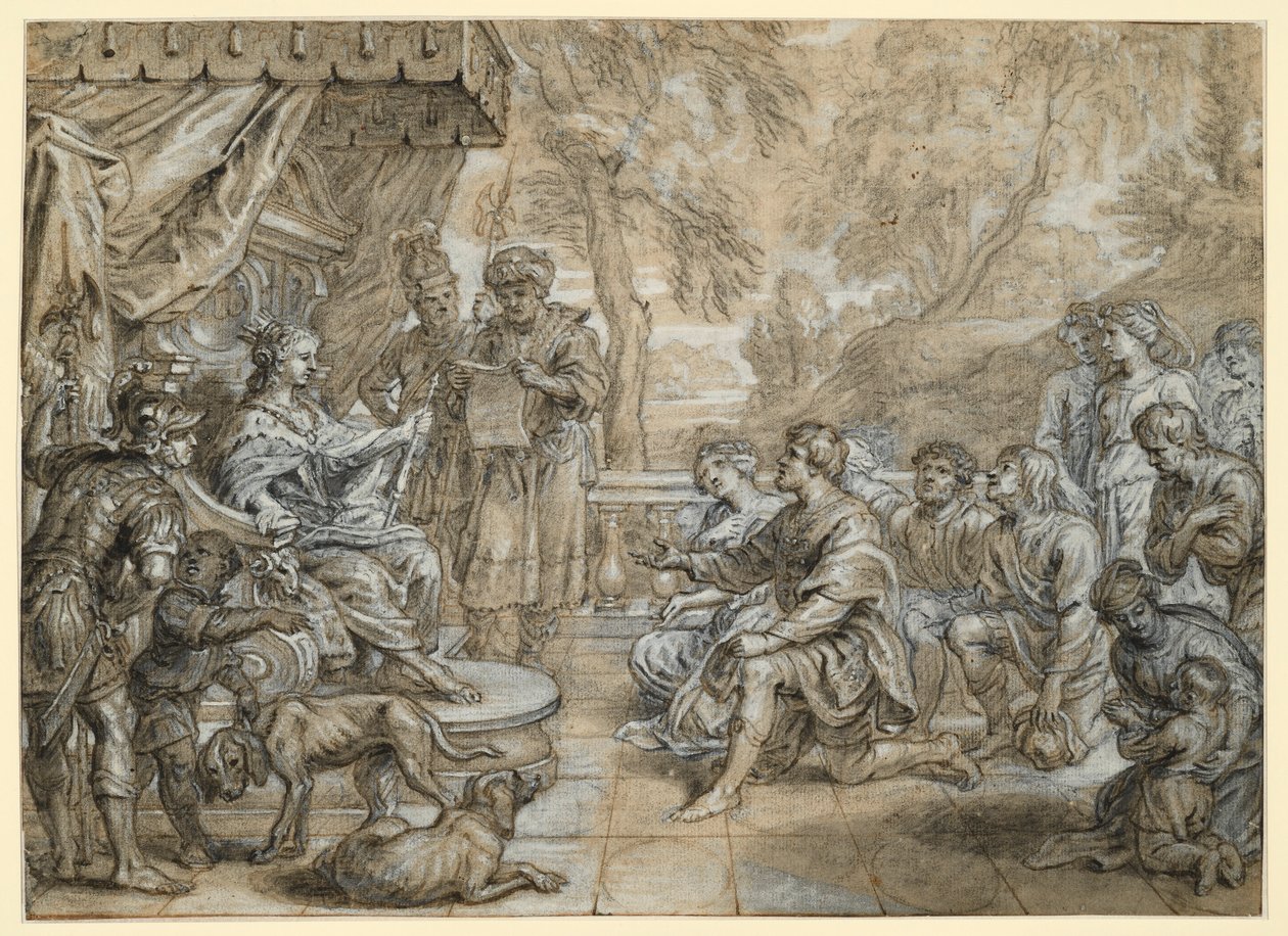 Uma rainha com manto de arminho e ceptro (Semíramis?) num trono, diante dela ajoelha-se um grupo de homens e mulheres de Abraham van Diepenbeeck