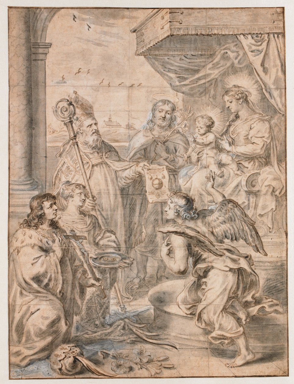 Maria com criança no trono adorada por três santos de Abraham van Diepenbeeck