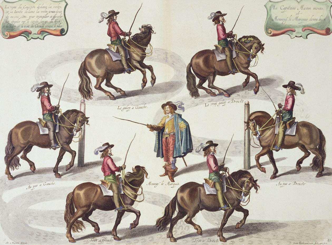 O Marquês de Newcastle, dando ao capitão Mazin uma aula de equitação, prato 15 do método e da nova invenção dos cavalos de vestir de William Cavendish (1592-1676) Marquês de Newcastle, gravado por Lucas Vo de Abraham van Diepenbeeck