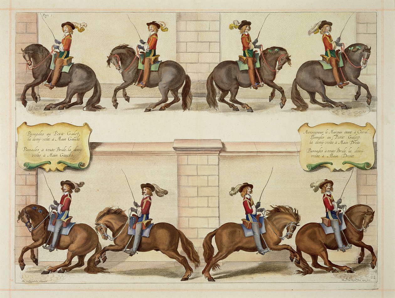 O Marquês de Newcastle a Cavalo Demonstrando Passos de Adestramento, prato 22 de "O Método e a Nova Invenção dos Cavalos de Vestir" de William Cavendish (1592-1676) Marquês de Newcastle, gravado por T de Abraham van Diepenbeeck