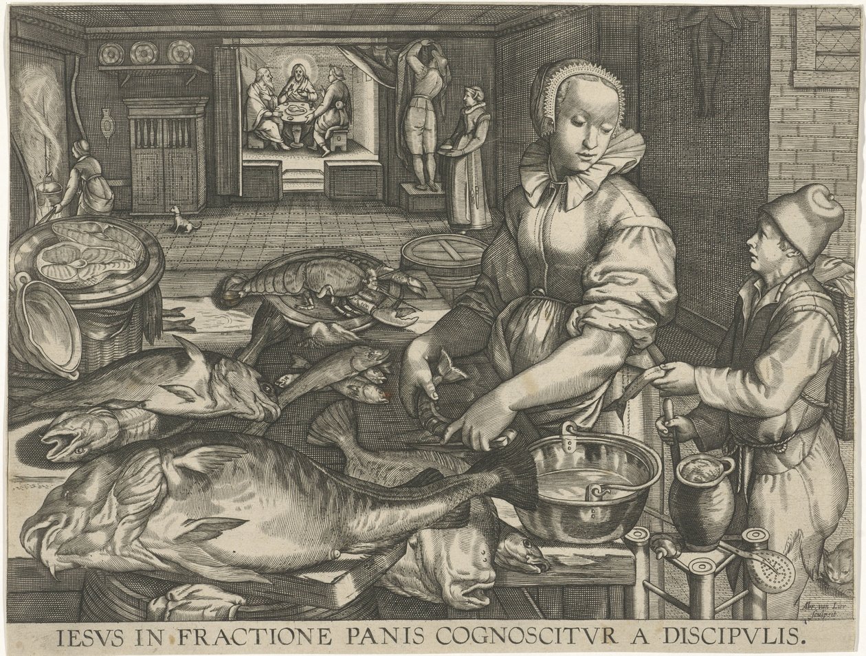 Peça de cozinha com mulher a limpar peixe
Iesus in fractione panis cognoscitur a discipulis (título sobre o objecto) de Abraham van Lier