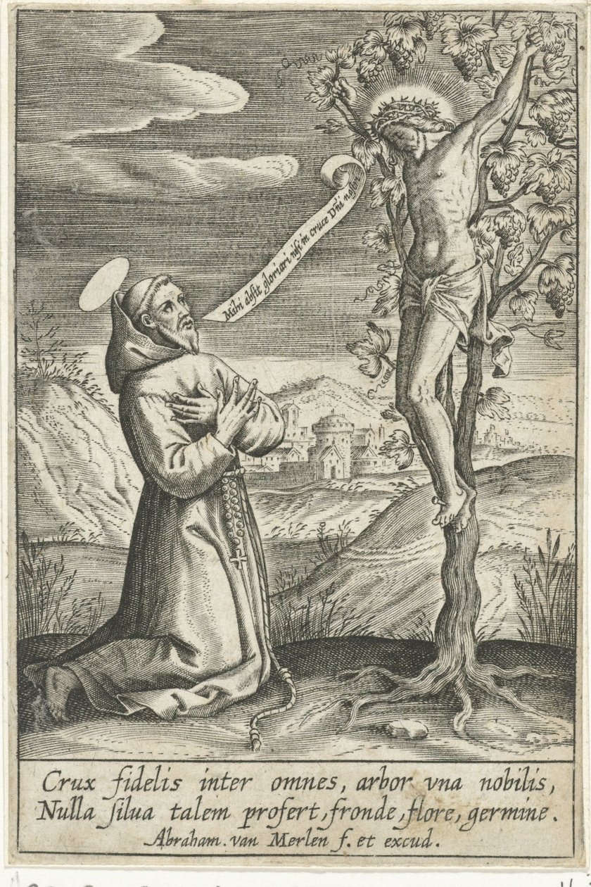 Santo ajoelhado diante de Cristo na cruz de Abraham van Merlen