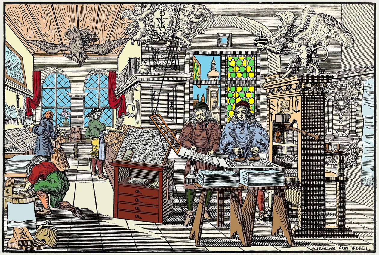 Interior de uma fábrica de impressão em Nuremberga, Alemanha: trabalhadores a trabalhar, início do século XVII - grav. de Abraham van Werdt. de Abraham van Werdt