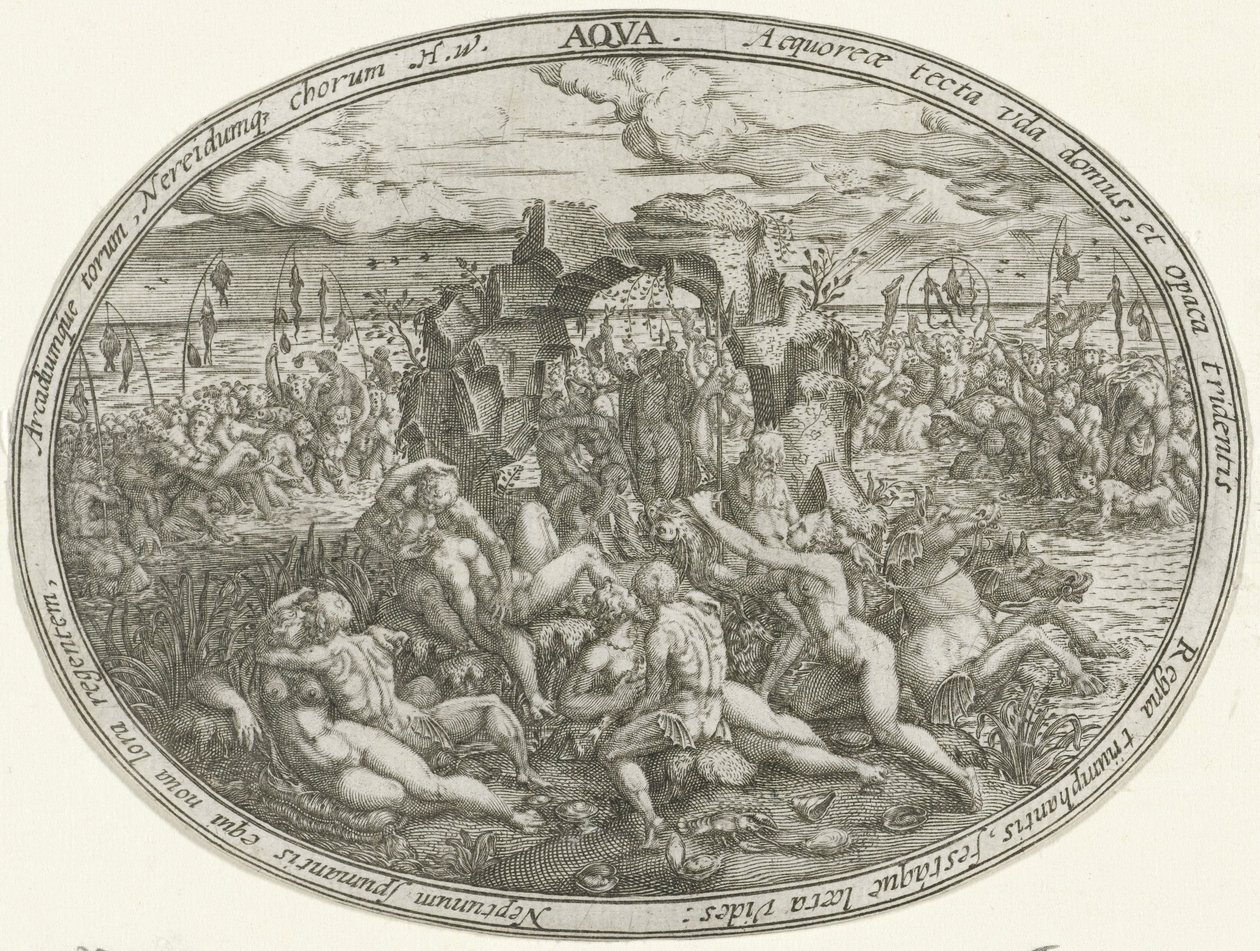 Netuno com Nereidas e Tritões: O Elemento da Água Aqua (título no objeto) Os Quatro Elementos (título da série) de Abraham van den Hecken