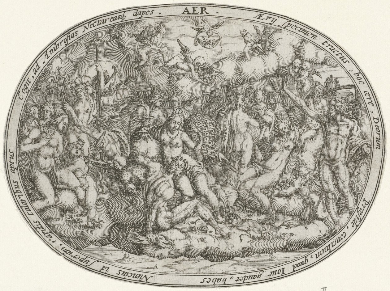 Deuses olímpicos entre as nuvens: o elemento ar Aer (título no objeto) Os Quatro Elementos (título da série) de Abraham van den Hecken