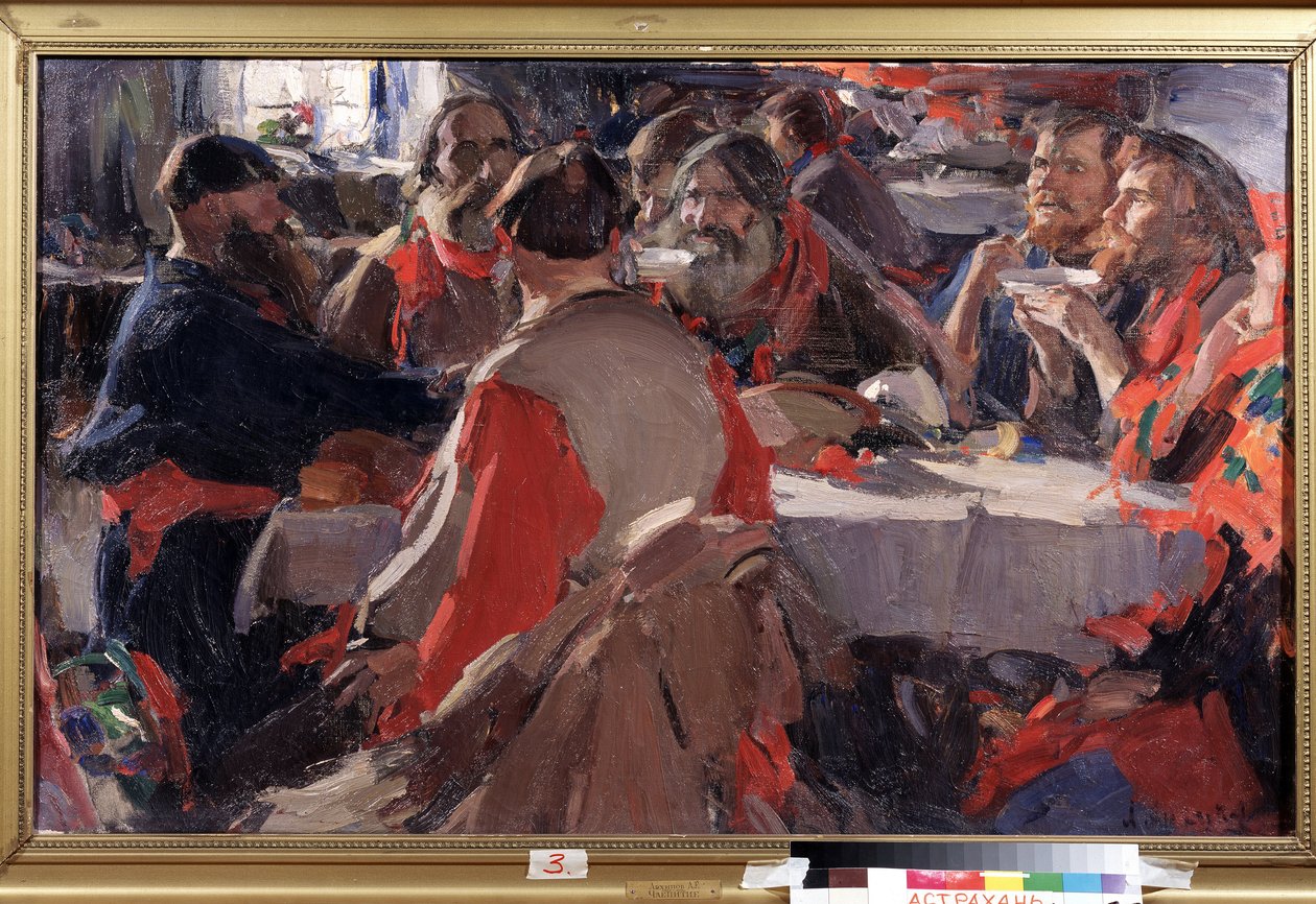 Hora do chá (beber chá). Pintura de Abram Yefimovich Arkhipov (1862-1930). Óleo sobre tela, 79 x 31 cm. Arte russa, final do século XIX e início do século XX. Galeria de Arte do Estado B. Kustodiev, Astrakhan (Rússia). de Abram Efimovich Arkhipov