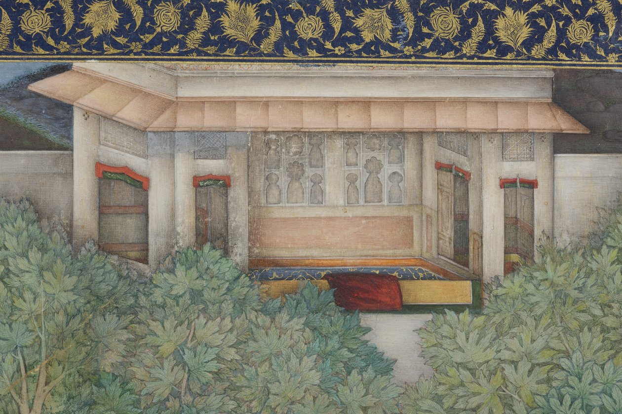 Detalhe do imperador Jahangir com homens santos em um jardim, c.1615 (wc opaco e ouro sobre papel) de Abul Hasan