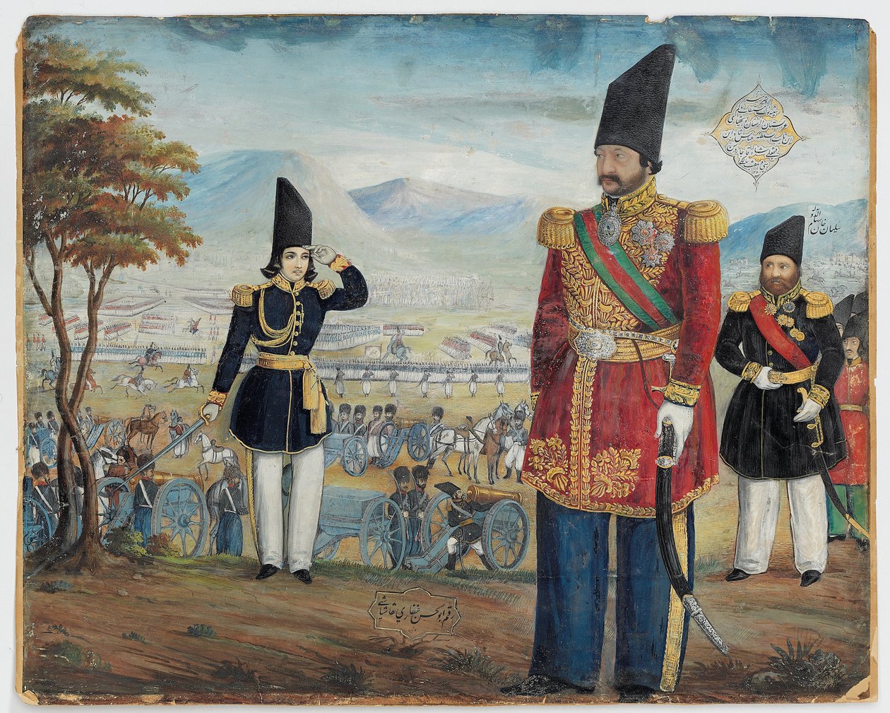 Ardeshir Mirza e Sulayman Khan Saham Al-Dowleh revisam suas tropas, 1850-51 de Abul Hassan Ghaffari