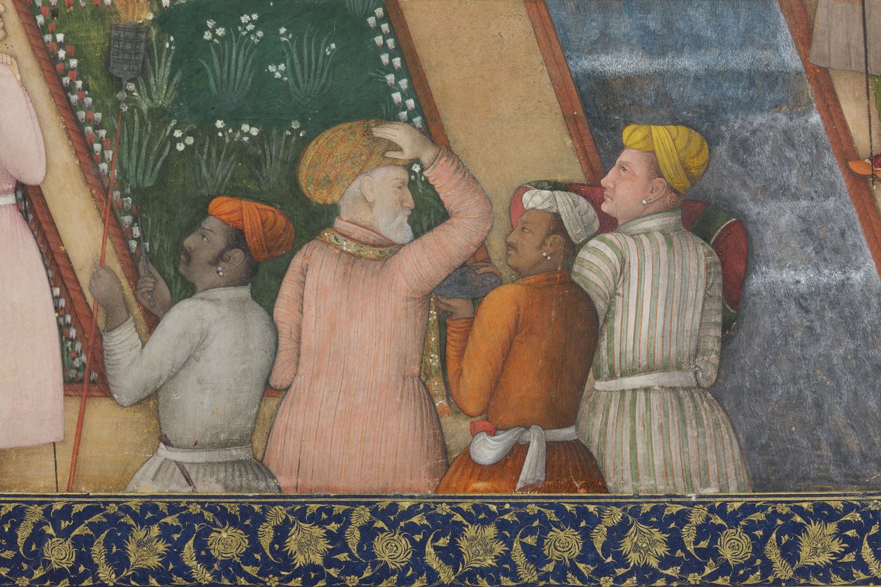 Detalhe do imperador Jahangir com homens santos em um jardim, c.1615 (wc opaco e ouro sobre papel) de Abul Hassan Ghaffari