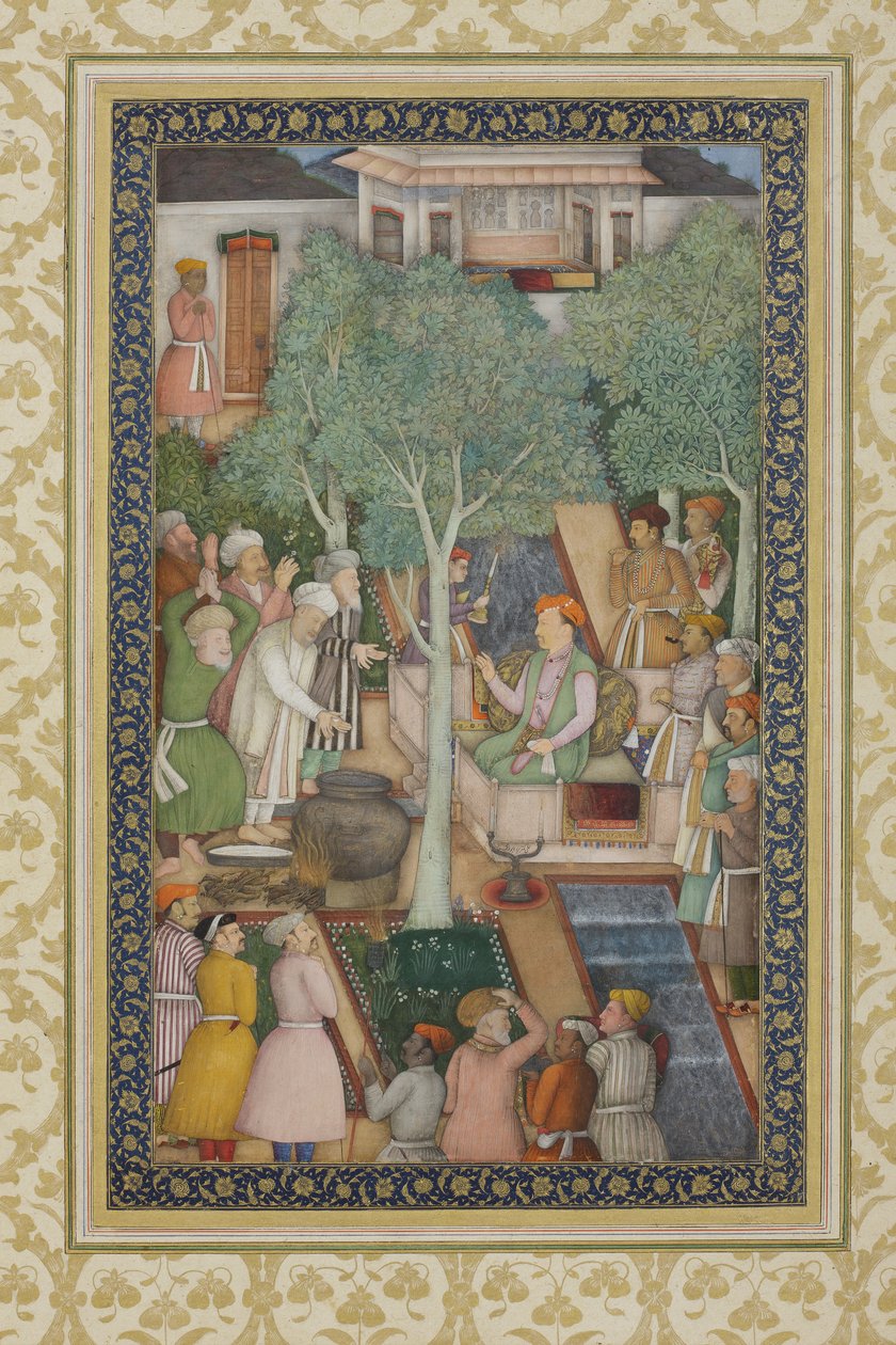 Imperador Jahangir com os homens santos em um jardim, c.1615 (wc opaco e ouro no papel) de Abul Hassan Ghaffari