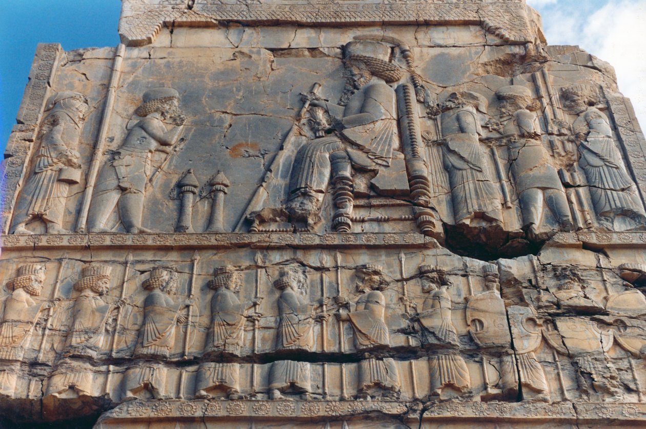 Artaxerxes I (464-24) recebendo um grandee em vestido &39;Median&39; enquanto outros Dignatários observam detalhes da entrada oeste para o Cem Salão das Colunas de Achaemenid