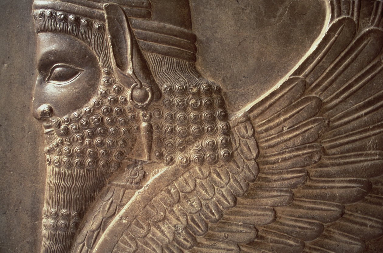 Homem alado com corpo de leões, detalhe de um relevo da escadaria norte do Tripylon, pedra c.470 aC de Achaemenid