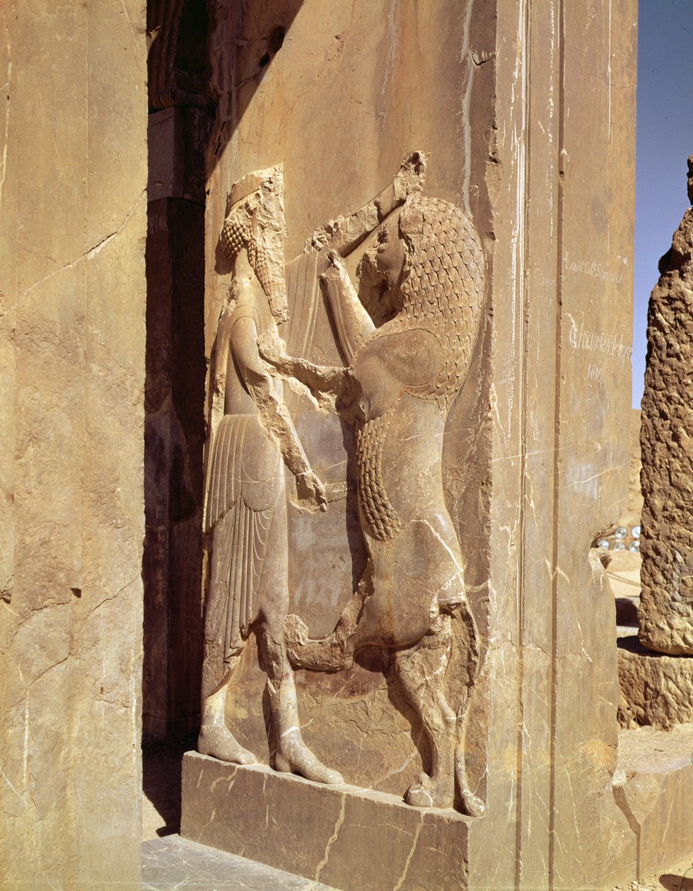 Dario lutando contra o leão, detalhe da entrada oeste do Palácio de Dario, o Grande de Achaemenid