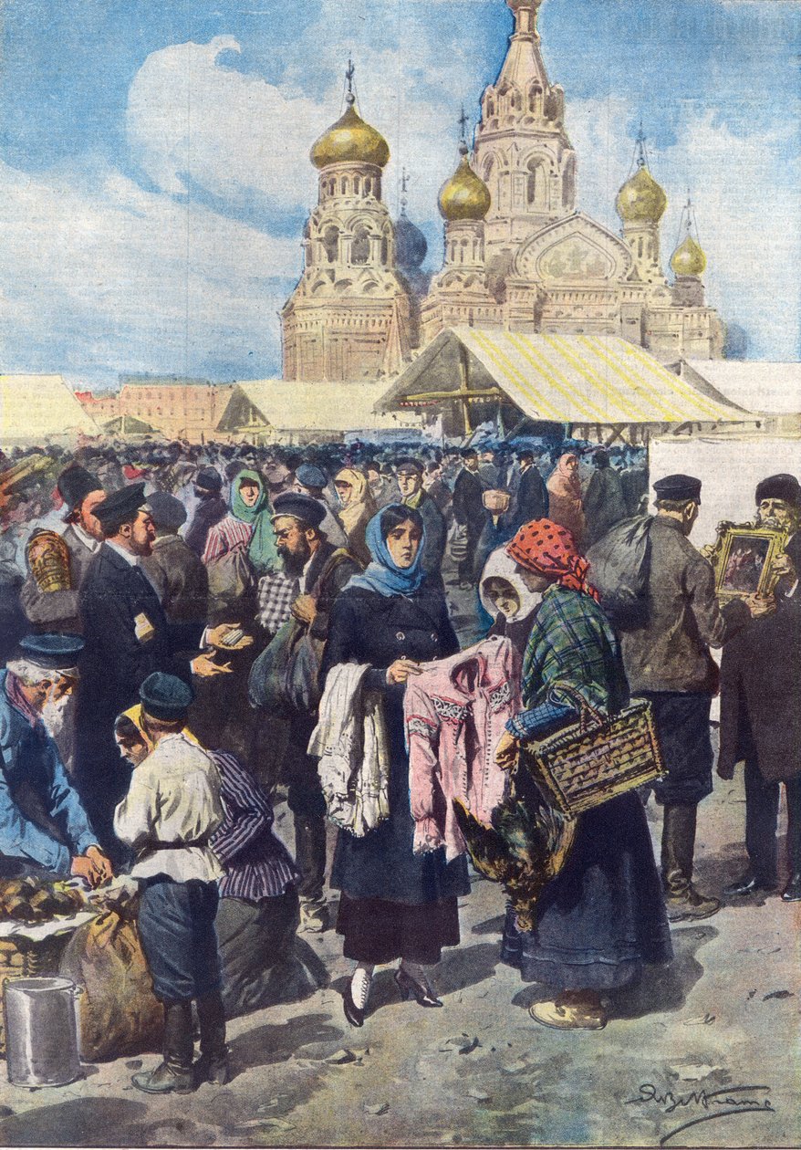 Negociação na Rússia após o colapso da moeda após a Revolução Russa, ilustração de "La Domenica del Corriere", 1 de junho de 1919 de Achille Beltrame
