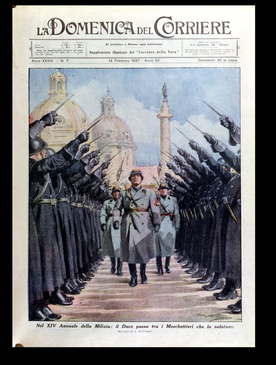 Benito Mussolini (1883-1945) revendo a milícia, de &39;La Domenica del Corriere&39;, 14 de fevereiro de 1937 de Achille Beltrame