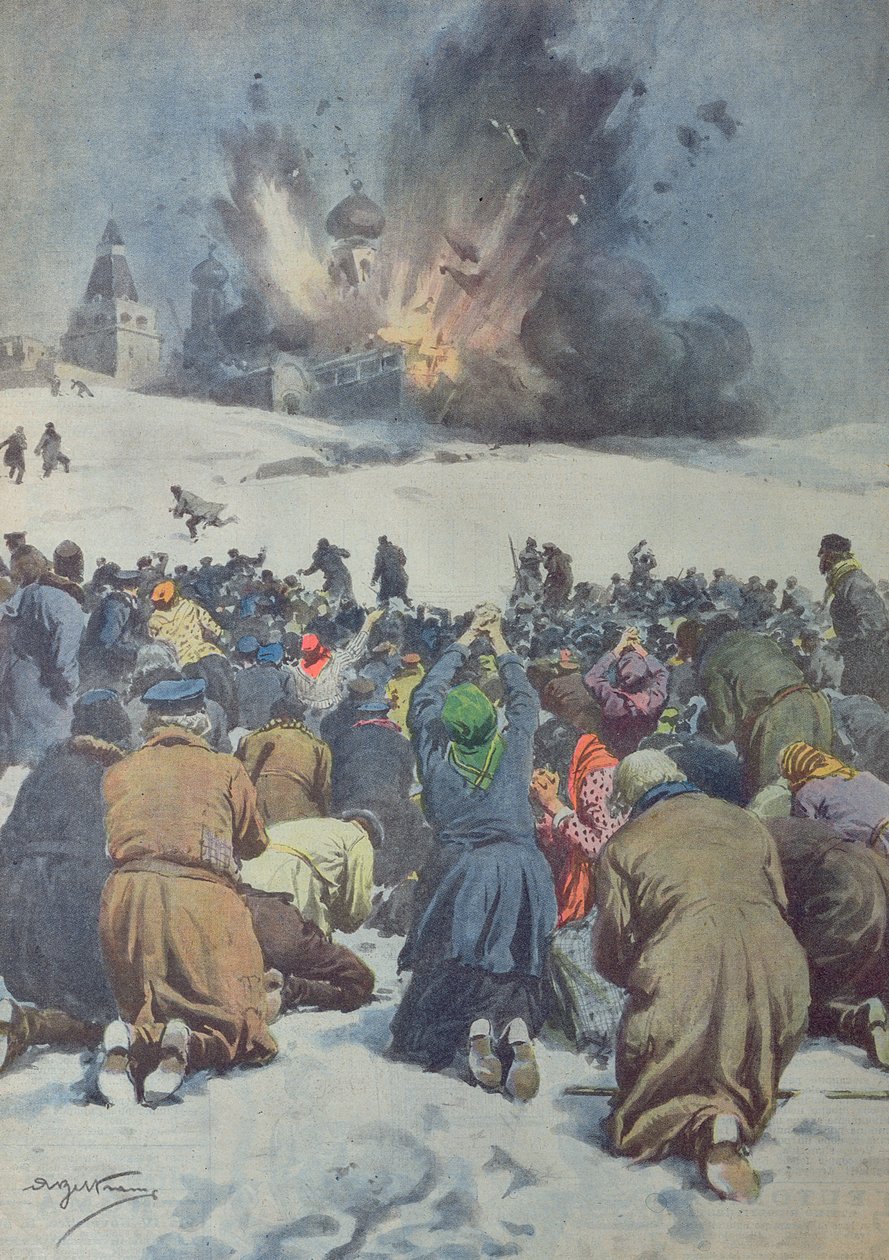 Destruição de uma antiga igreja monástica pelos soviéticos e a lamentação dos fiéis, ilustração do "Corriere della Sera", 9 de fevereiro de 1930 de Achille Beltrame