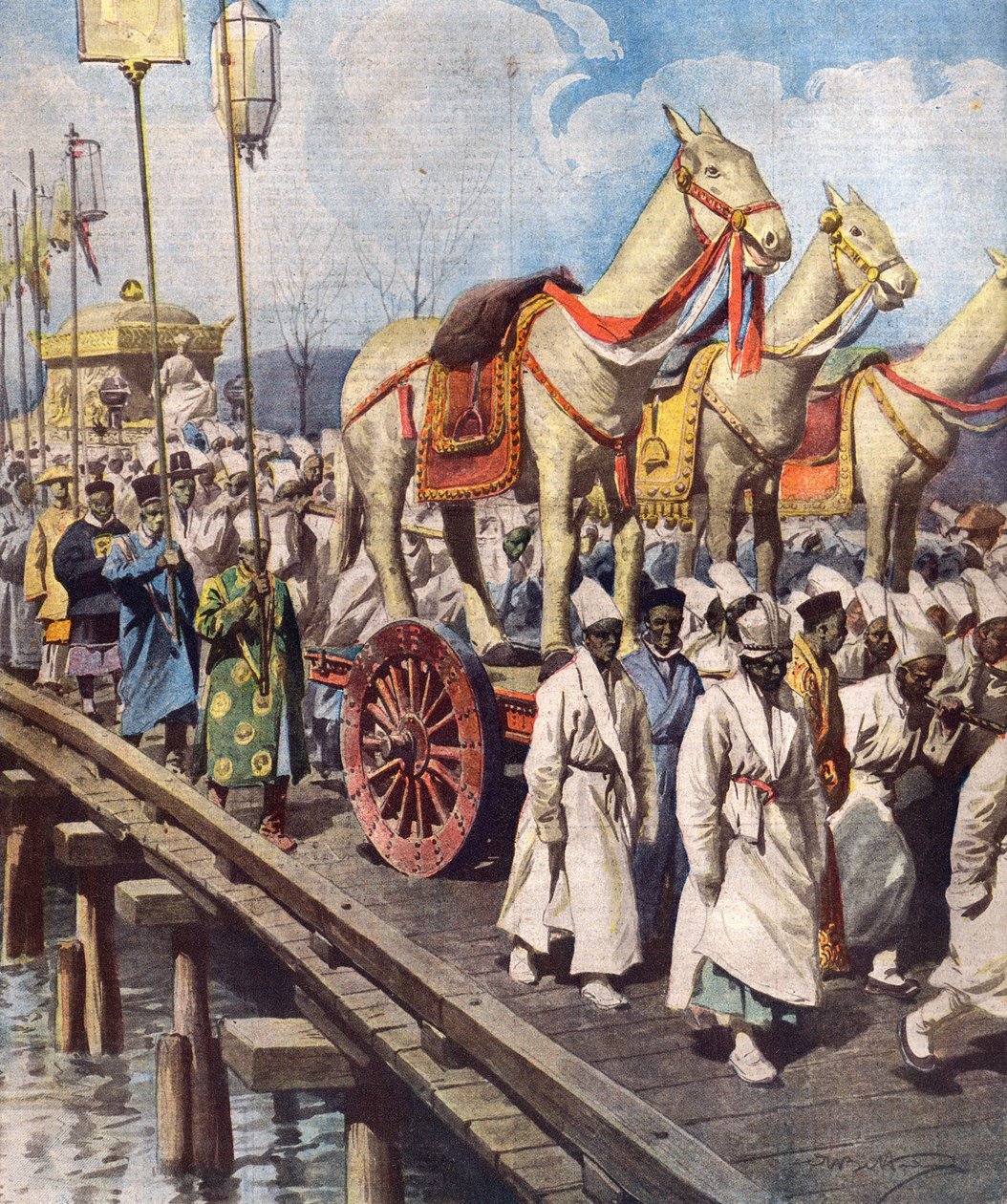 Procissão Funeral de Gojong, Imperador Gwangmu do Império Coreano em março de 1919, ilustração da capa de "La Domenica del Corriere", 1 de junho de 1919 de Achille Beltrame